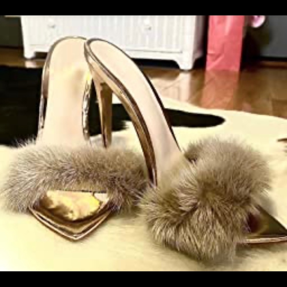 COPY - NWT Women's Fur Fluffy Mules High Heels,rose gold or gold available! - Picture 2 of 4